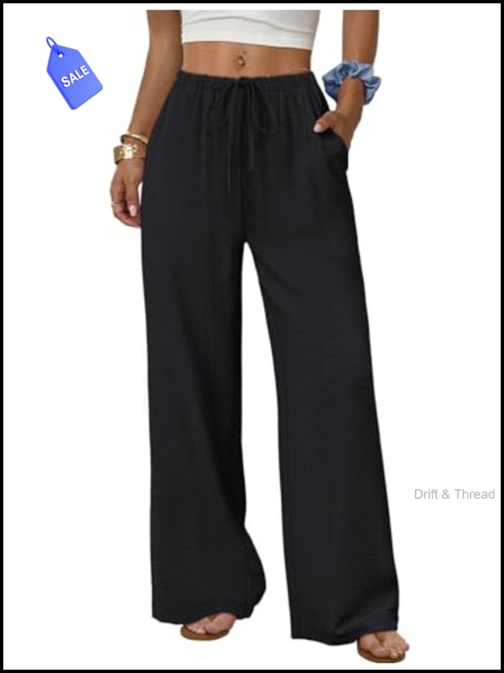 Wide Leg Palazzo Pants Drawstring Elastic Waist Flowy Trousers Pockets